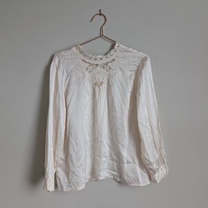 100% Silk Embroidered Lace Yoke Cream Blouse with Long Sleeves